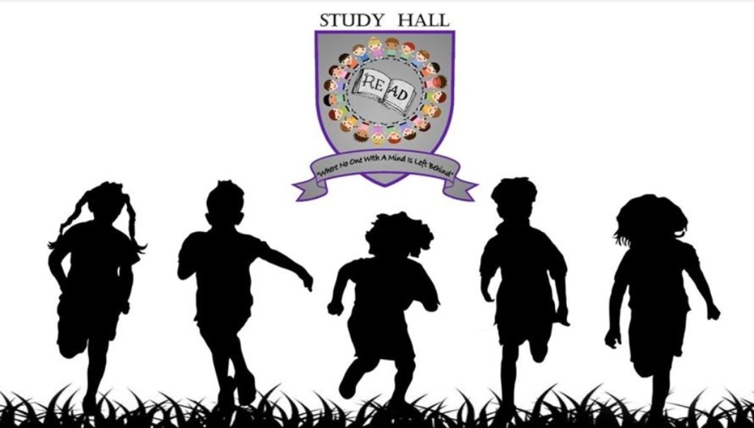 Study Hall Academy crest above silhouettes of five diverse children running across a grassy field