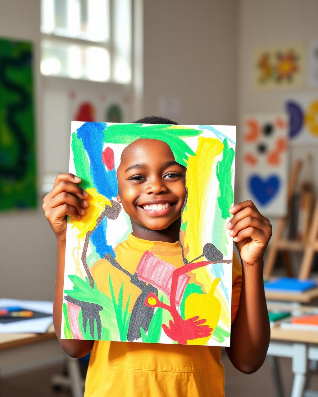 Young student proudly displays artwork